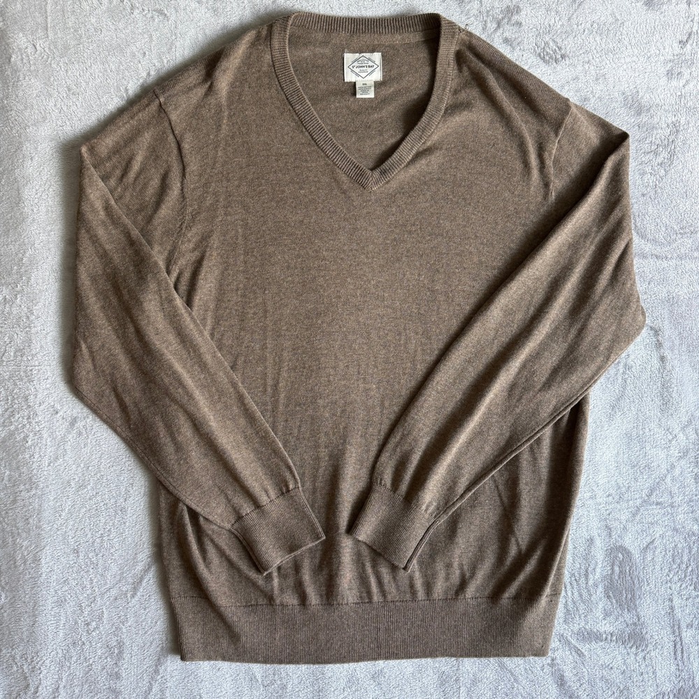 St Johns Bay Mens XXL Brown VNeck Cotton Blend Knit Sweater Long Sleeve Pullover